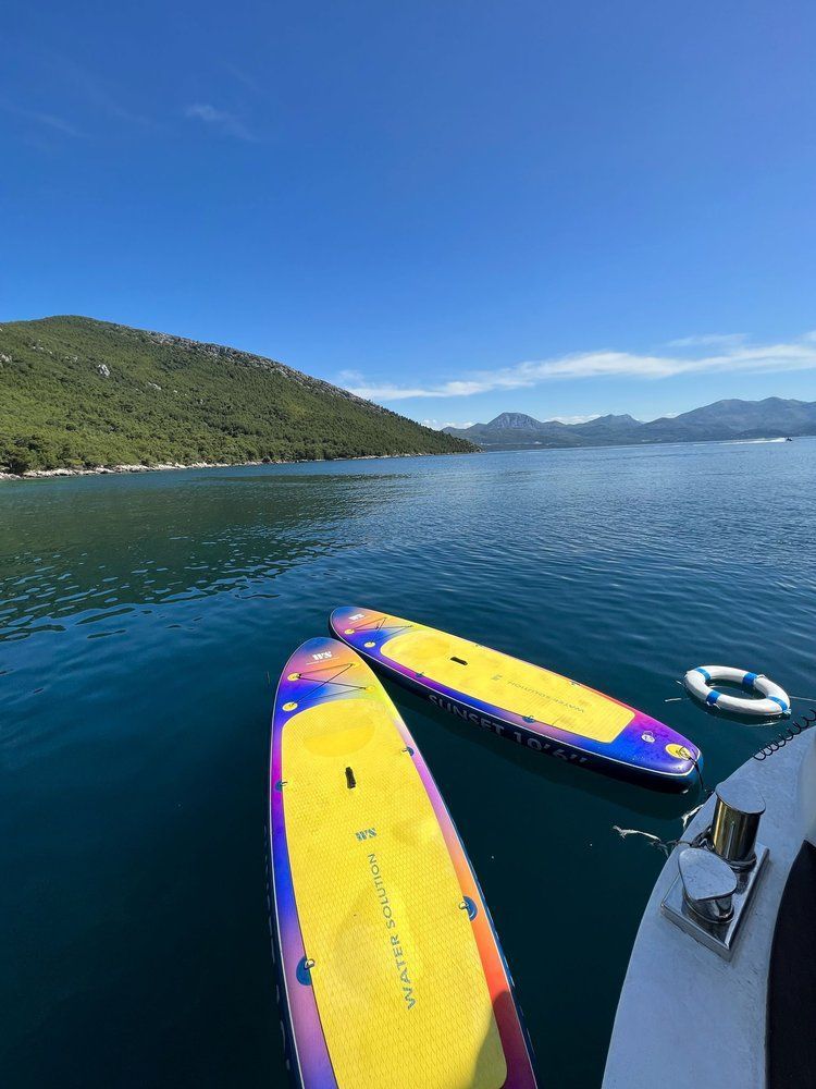 Two colorful paddleboards float on calm blue water with a mountain backdrop under a bright blue sky.