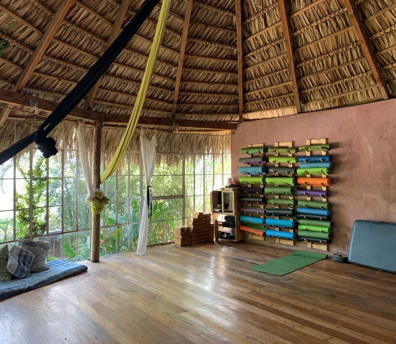 Yoga studio with wooden floor, thatched roof, stacked yoga mats, aerial silks, and large windows.