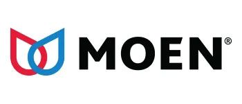 Moen logo: red and blue water drops, black text.