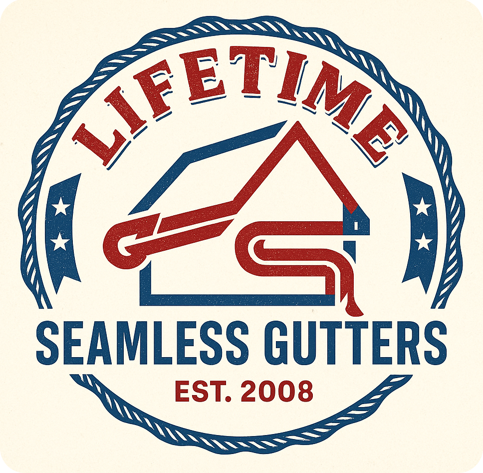 A red, white, and blue logo for "Lifetime Seamless Gutters, est. 2008," featuring a house outline and gutter icon.