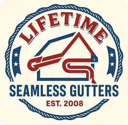 A red, white, and blue logo for "Lifetime Seamless Gutters, est. 2008," featuring a house outline and gutter icon.