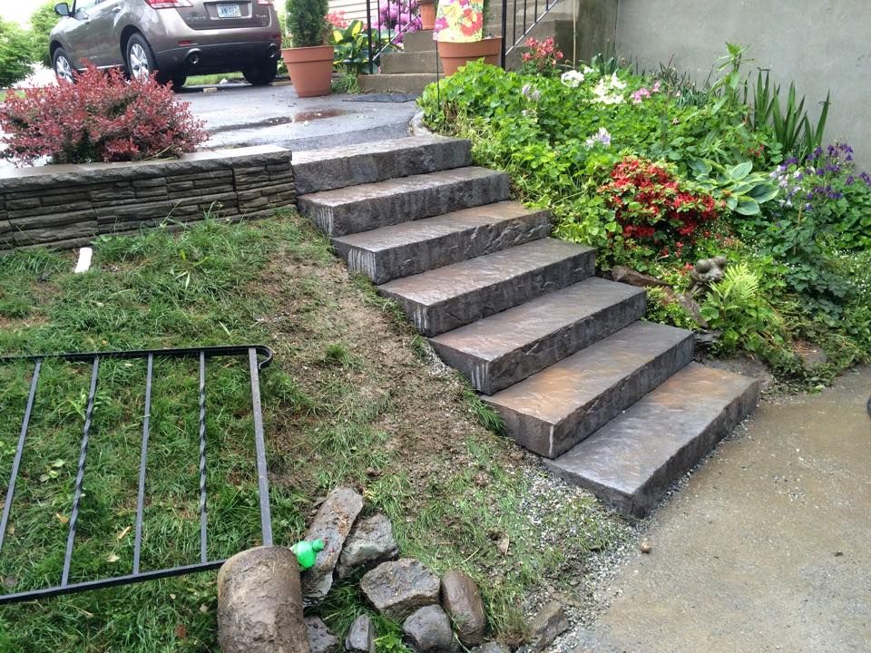 Stone steps lead to a house entrance, surrounded by greenery and a parked car.