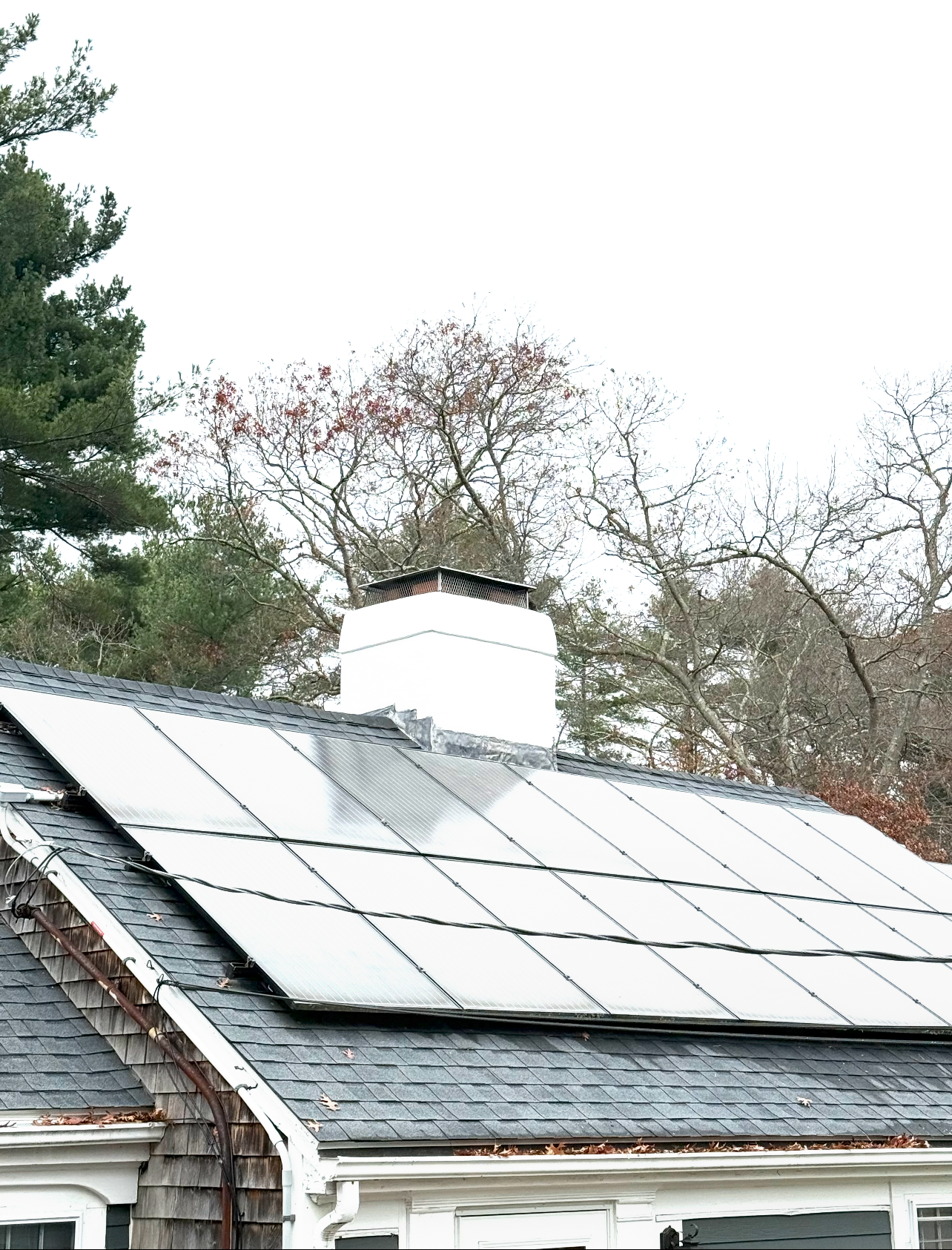 Solar panels installed on a dark-shingled roof next to a white chimney. Overcast sky and bare trees.