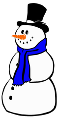 A snowman wearing a top hat and a blue scarf.