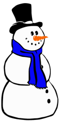 A snowman wearing a top hat and a blue scarf.