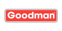 A red and white goodman logo on a white background.