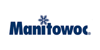 A blue logo for manitowac with a snowflake on top.