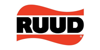 A red and black logo for a company called ruud.