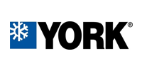 The logo for york is black and blue with a snowflake on it.