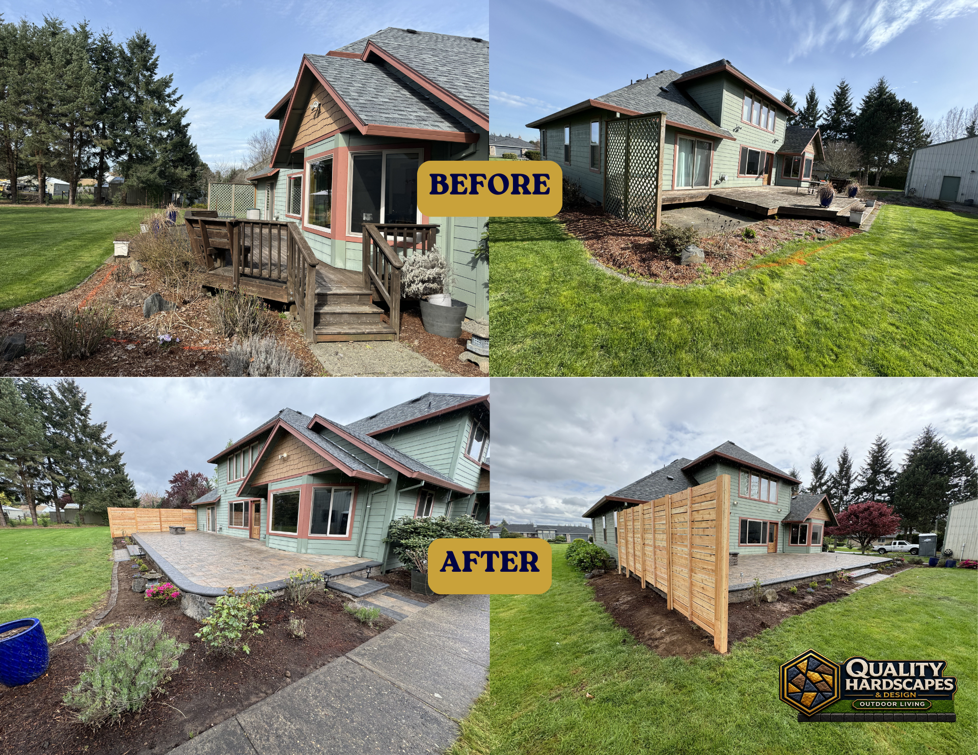 Before-and-after view of a house exterior renovation with a new wooden deck and walkway.