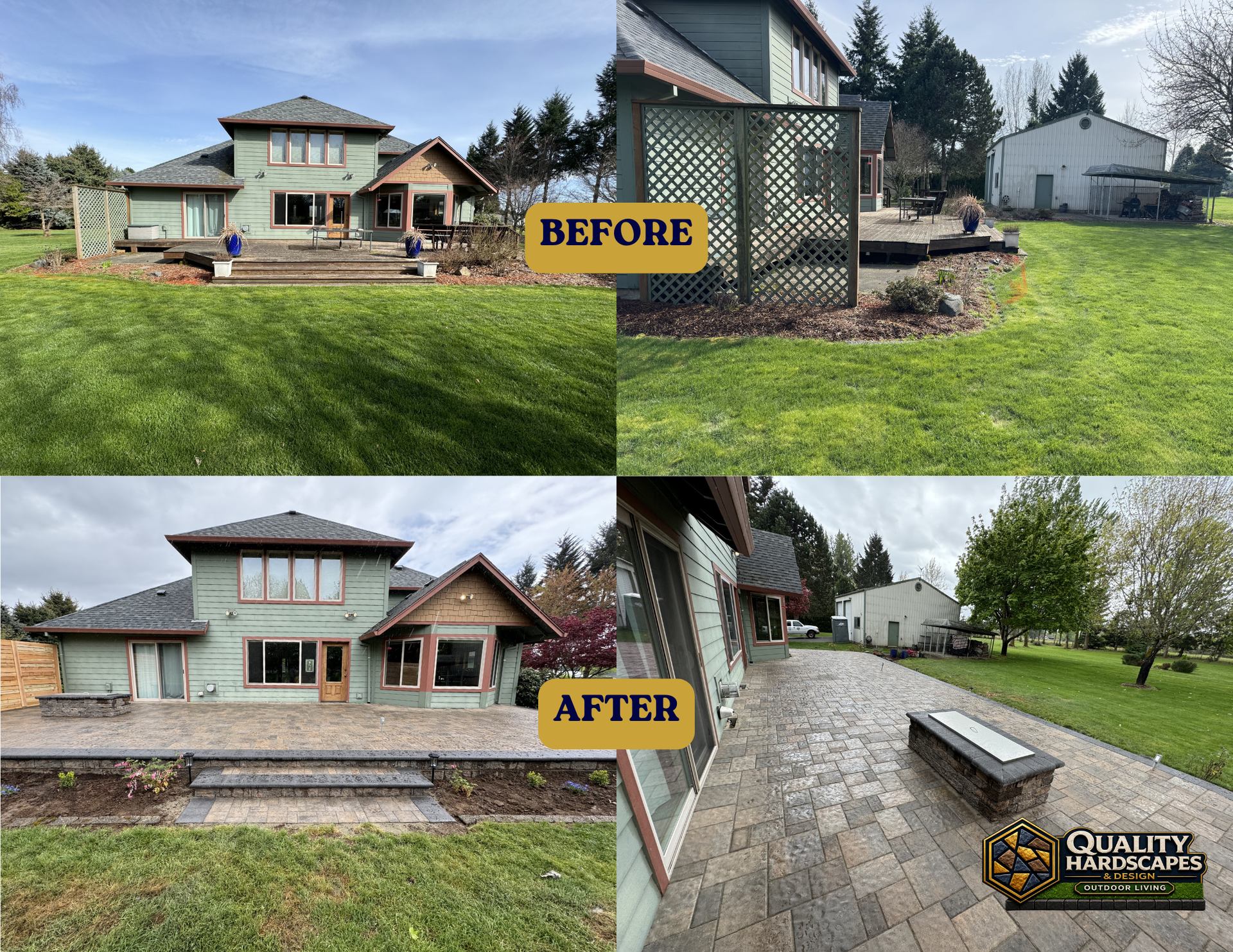 Before-and-after view of a house renovation, showing updated landscaping and a new patio walkway.