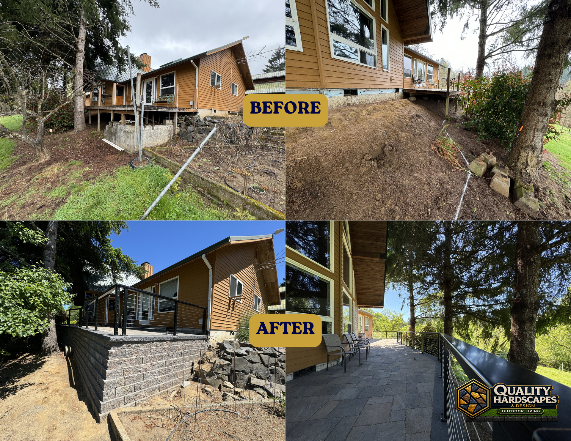 Before-and-after of a home exterior with a retaining wall, paver patio, and stairs added to a hillside yard.