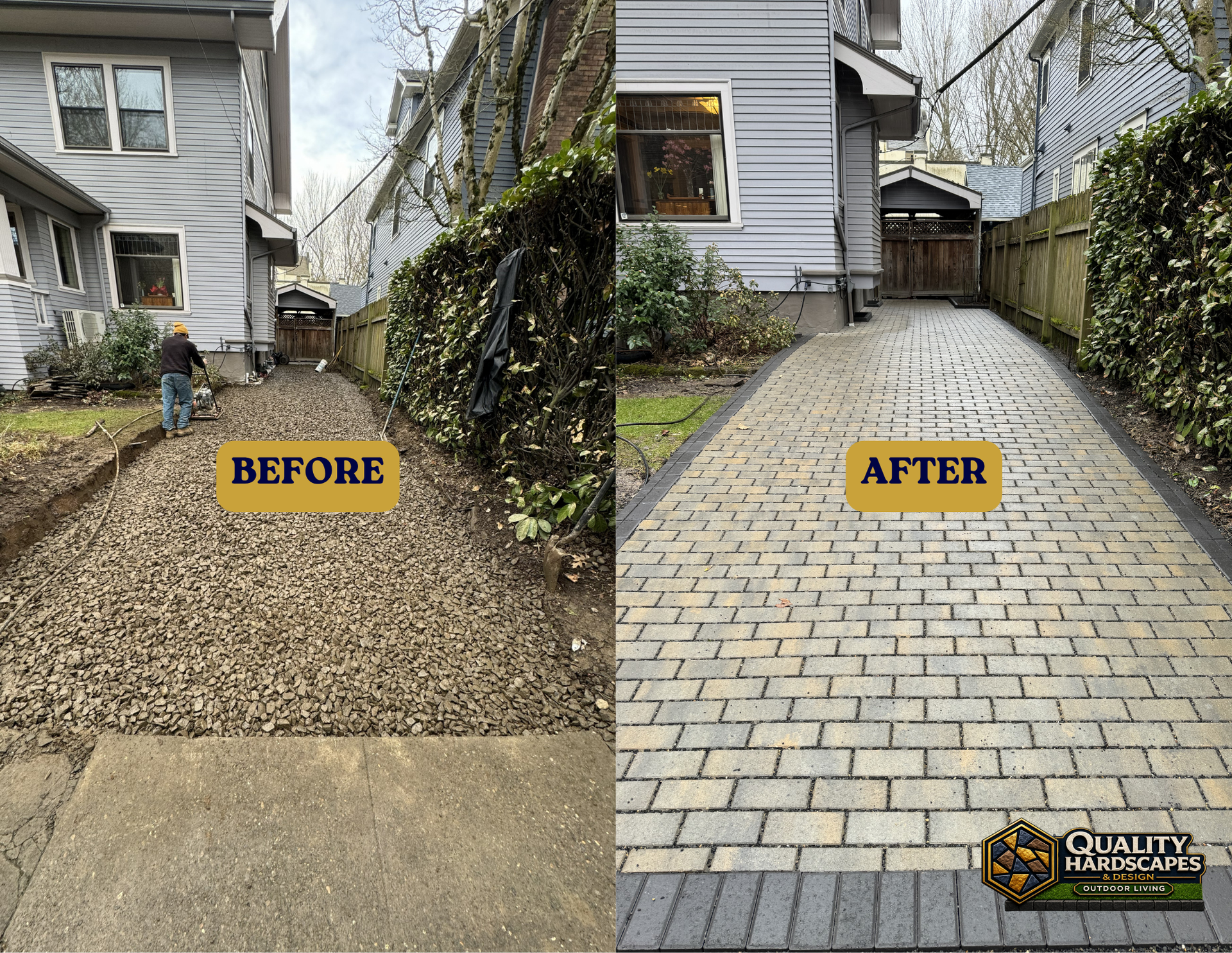Before-and-after of a yard renovation: gravel path replaced with gray pavers beside a house.