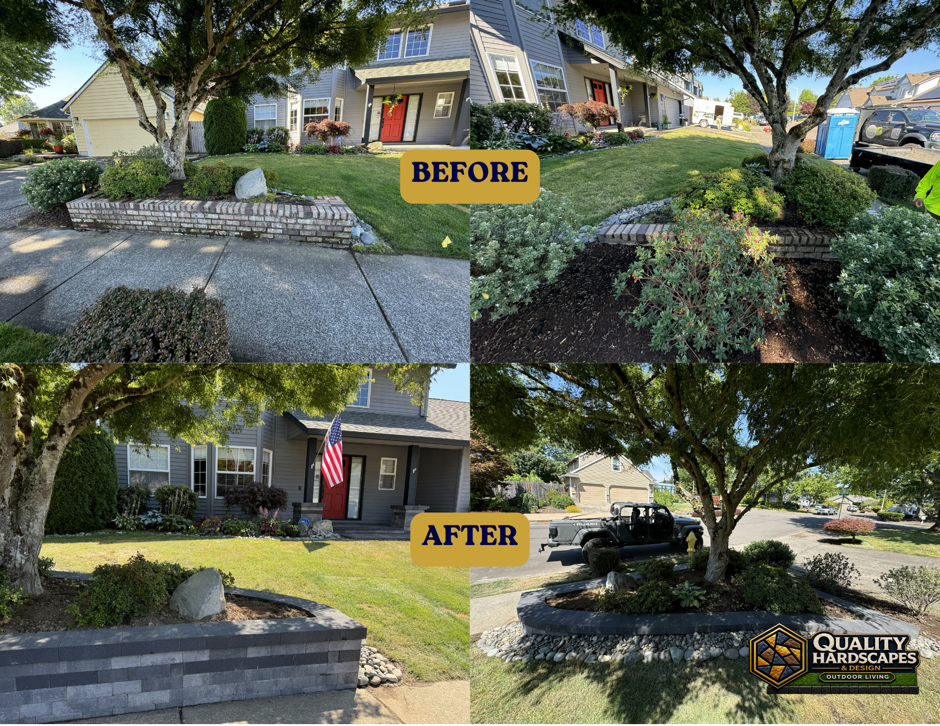 Split before-and-after of a landscaped front yard with pavers, shrubs, and a house.