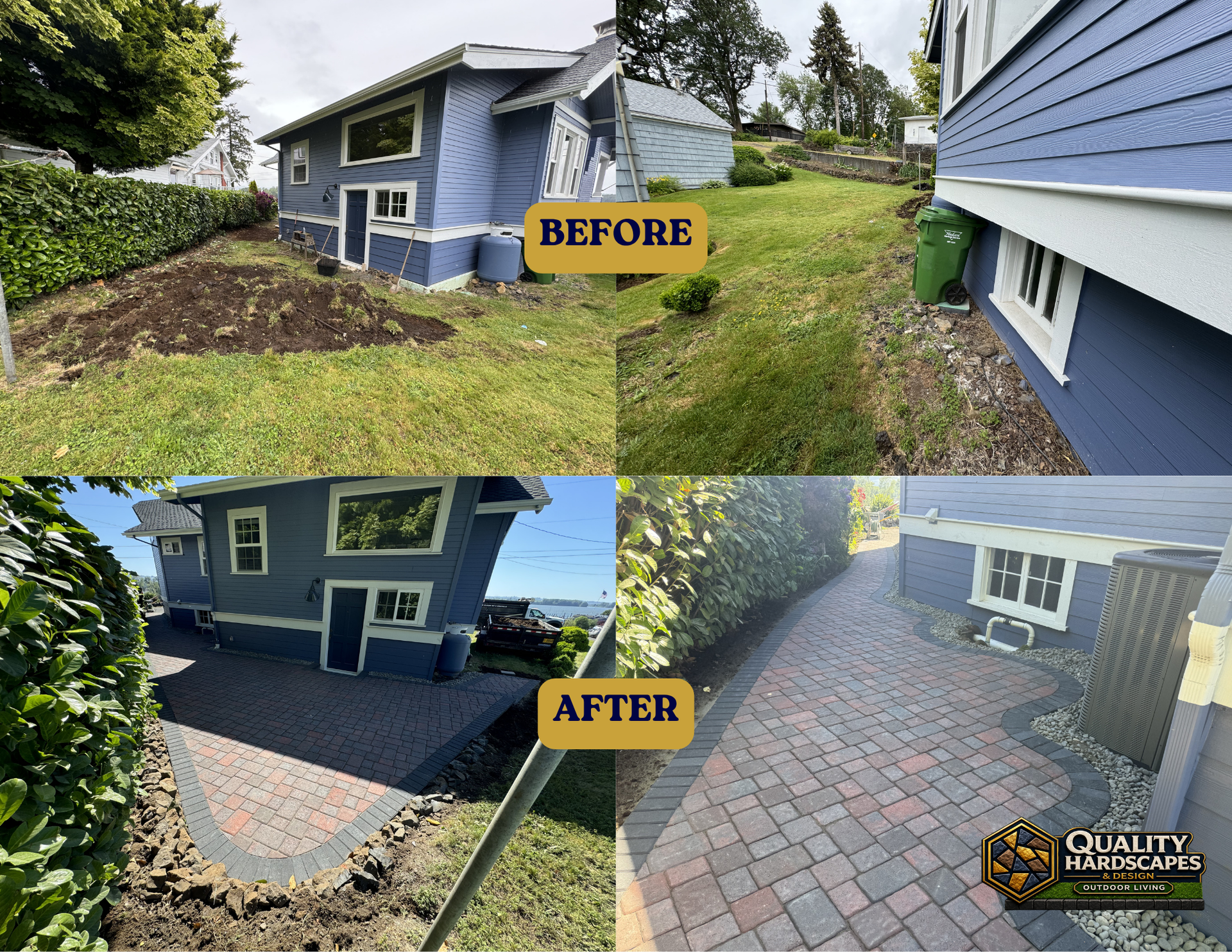 Before-and-after of a house side yard, showing landscaping and new gray paver patio installation