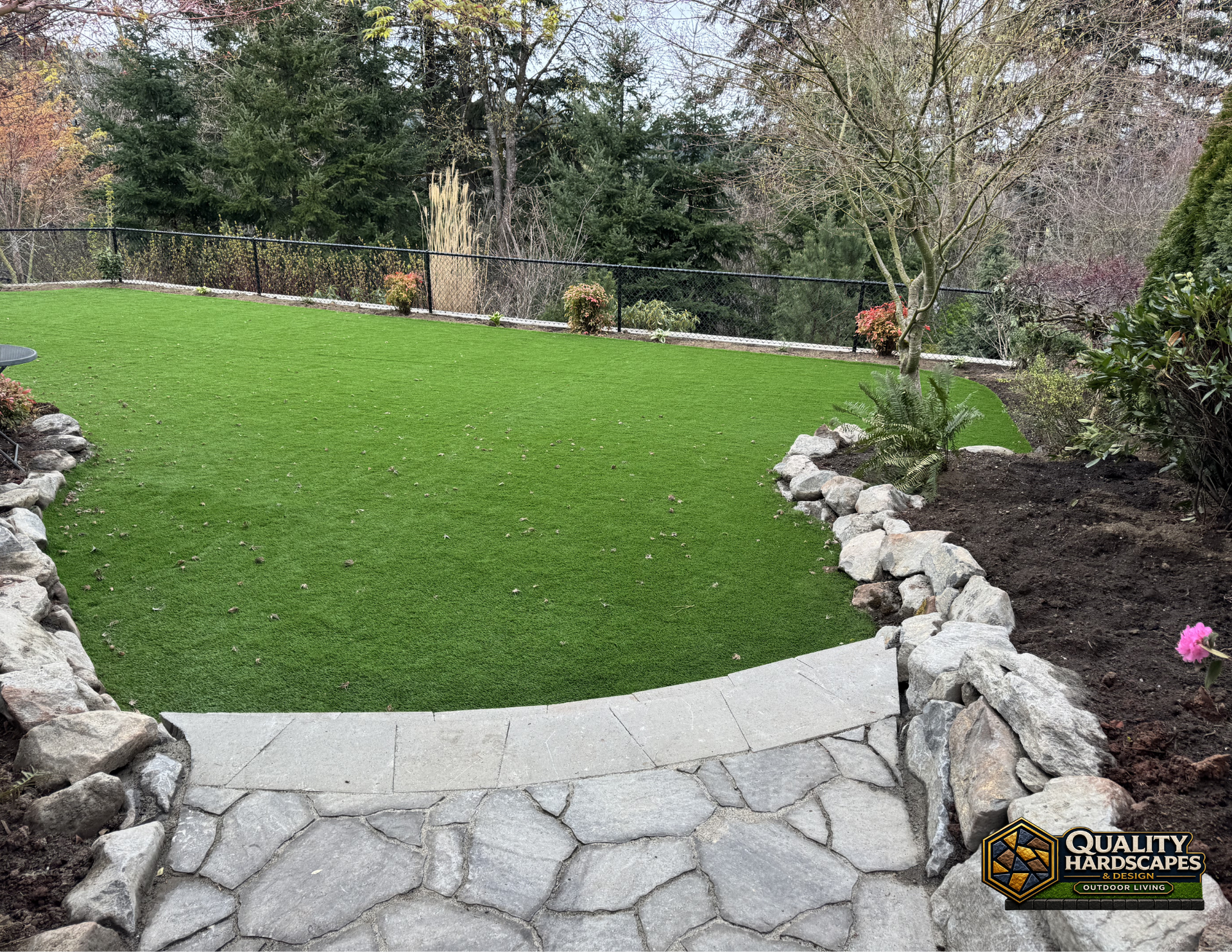 Lush green lawn bordered by stone edging and trees in a landscaped backyard garden
