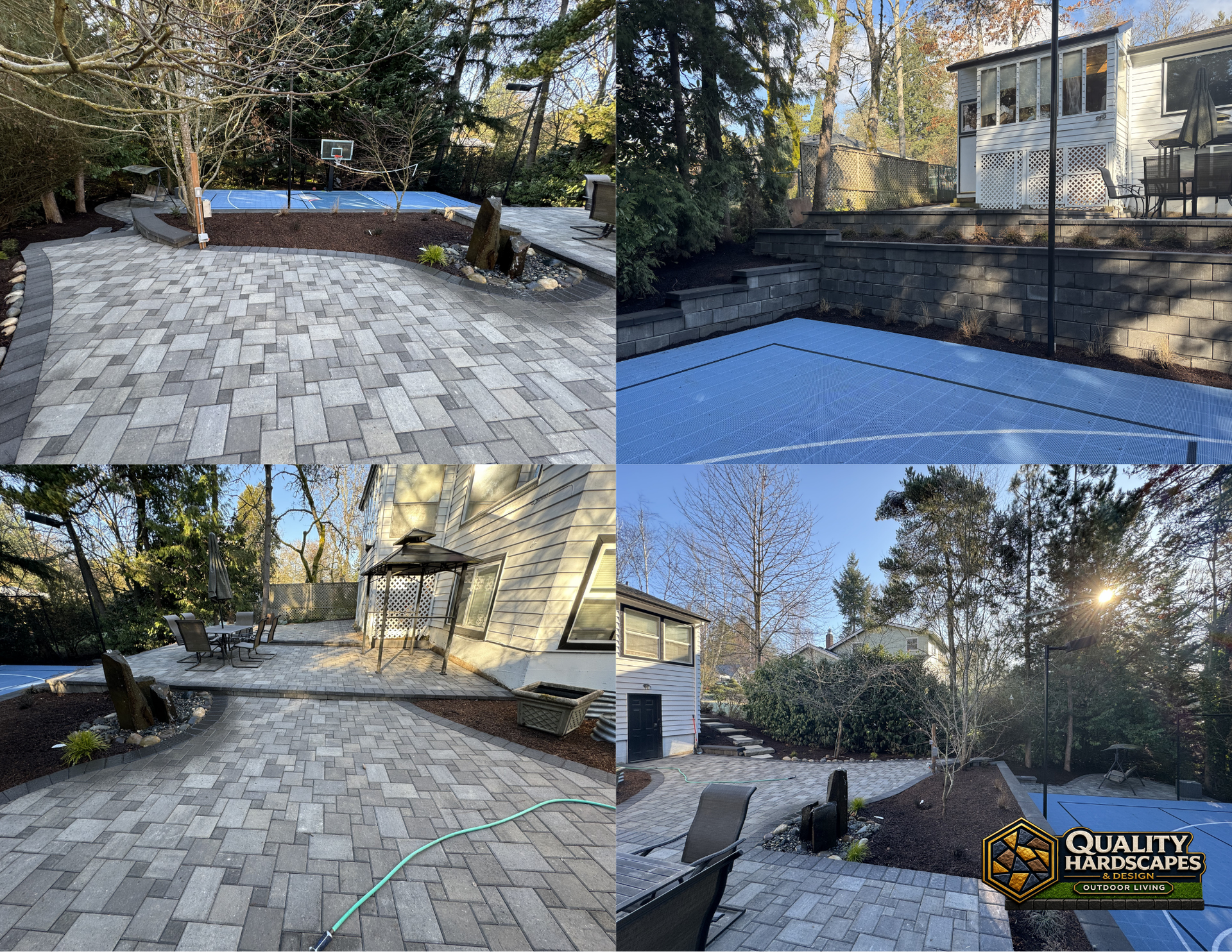 Composite of a stone patio, pool deck, and landscaped backyard with trees and a house at sunset