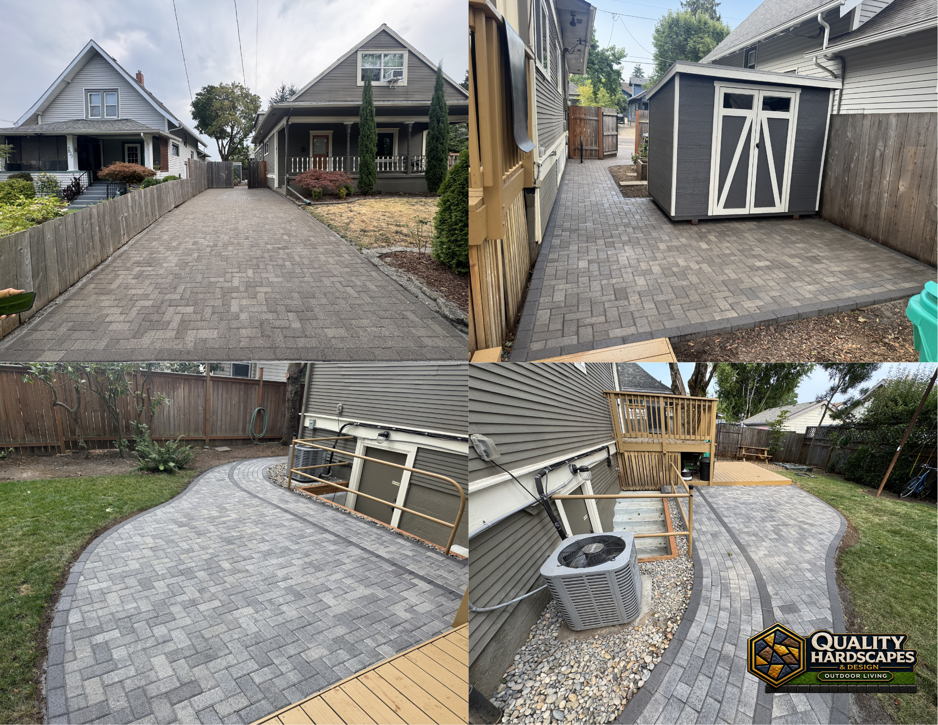 Collage of gray paver patios and a small shed in a residential backyard