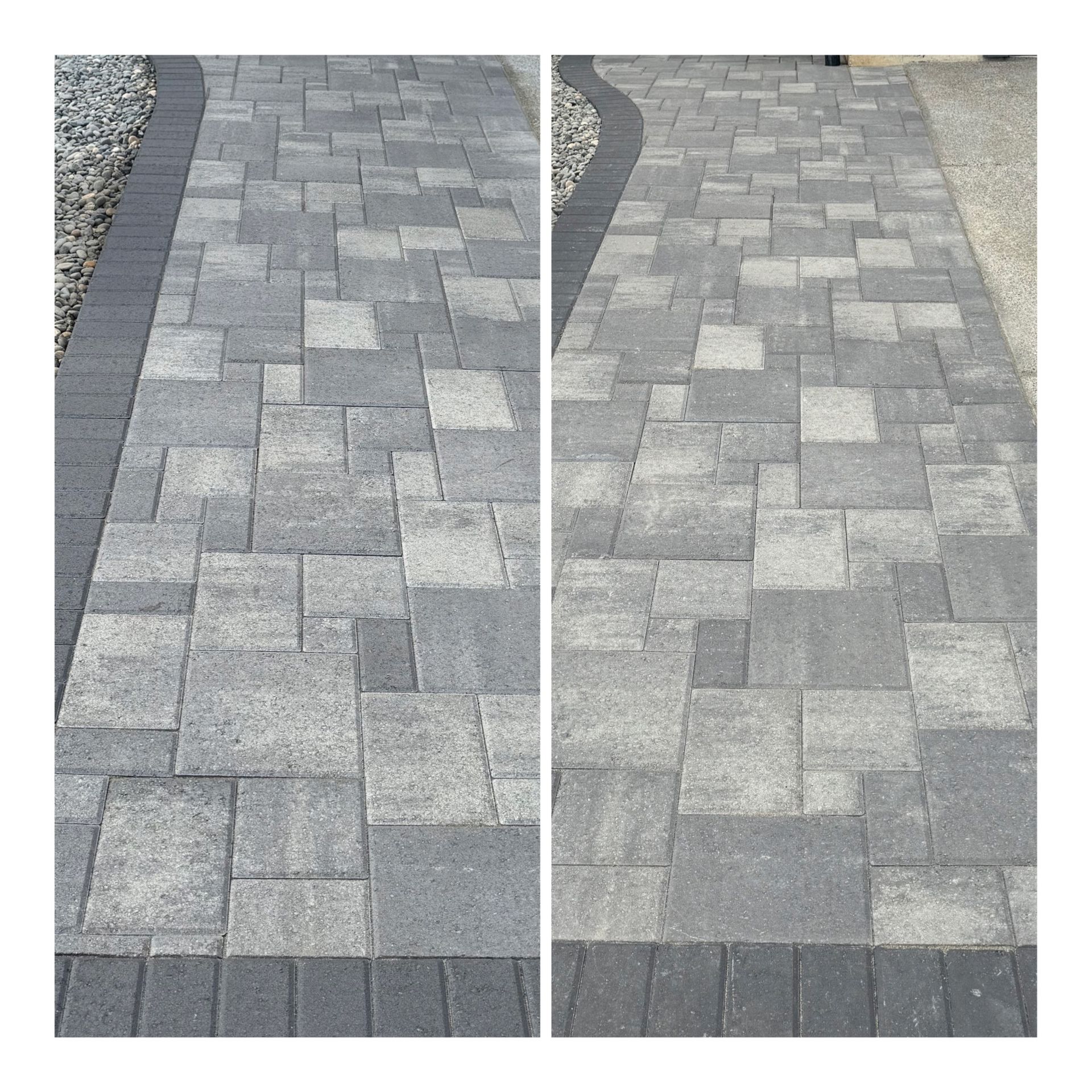 Two side-by-side images of a gray brick walkway with a dark border.