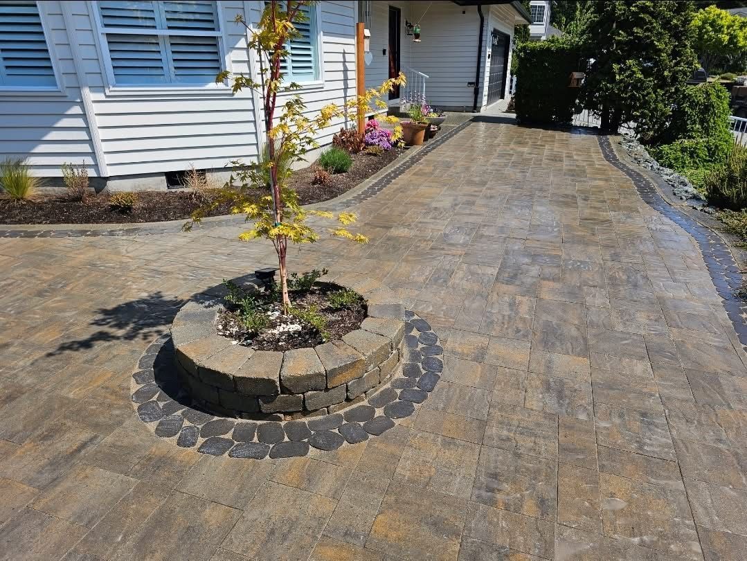 Brick driveway with tree in a circular planter, leading to a white house with a black door.