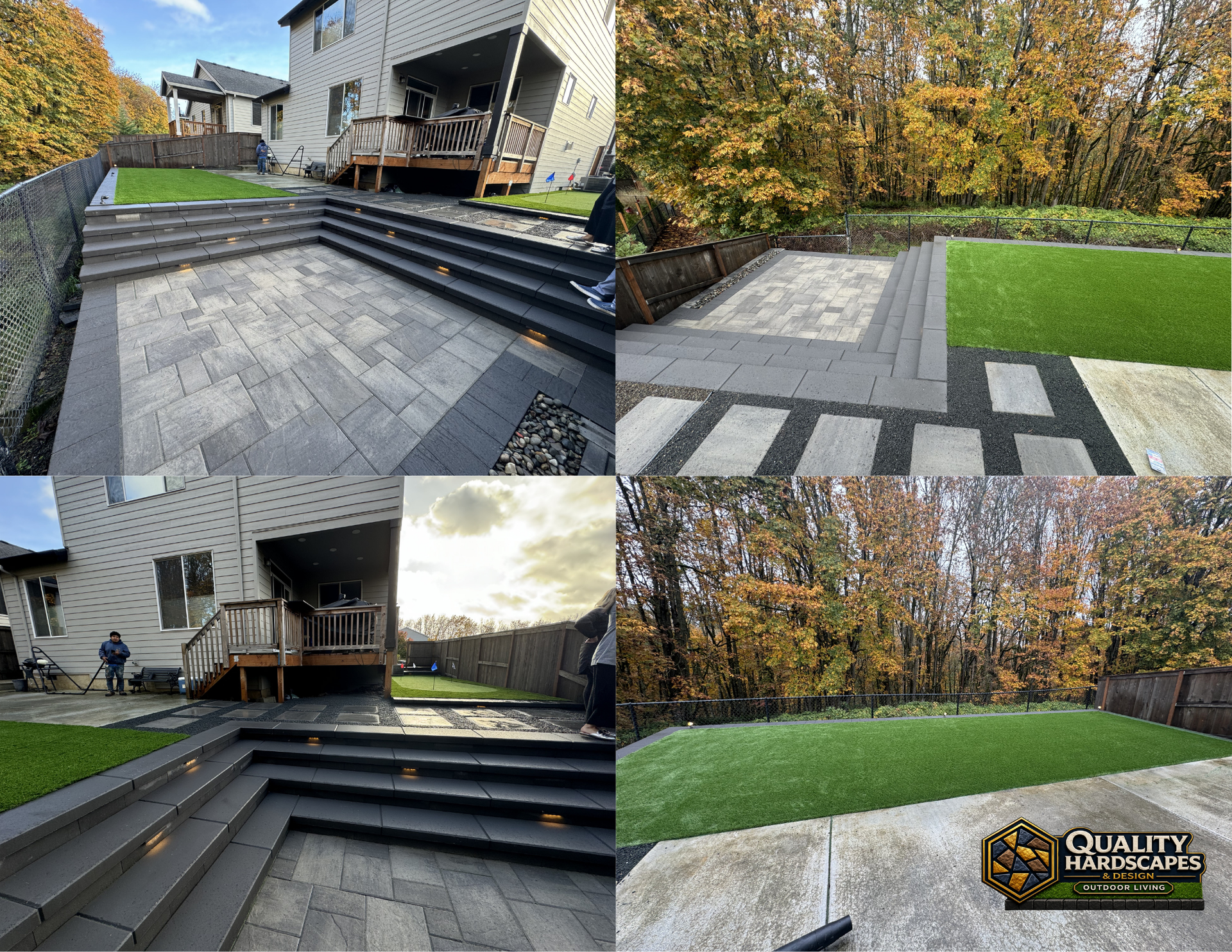 Patio and steps with gray pavers, black railings, and landscaped yard beside a modern house