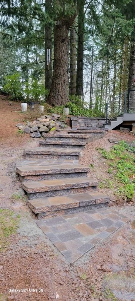 Stone steps leading uphill through a wooded area. The path is muddy.