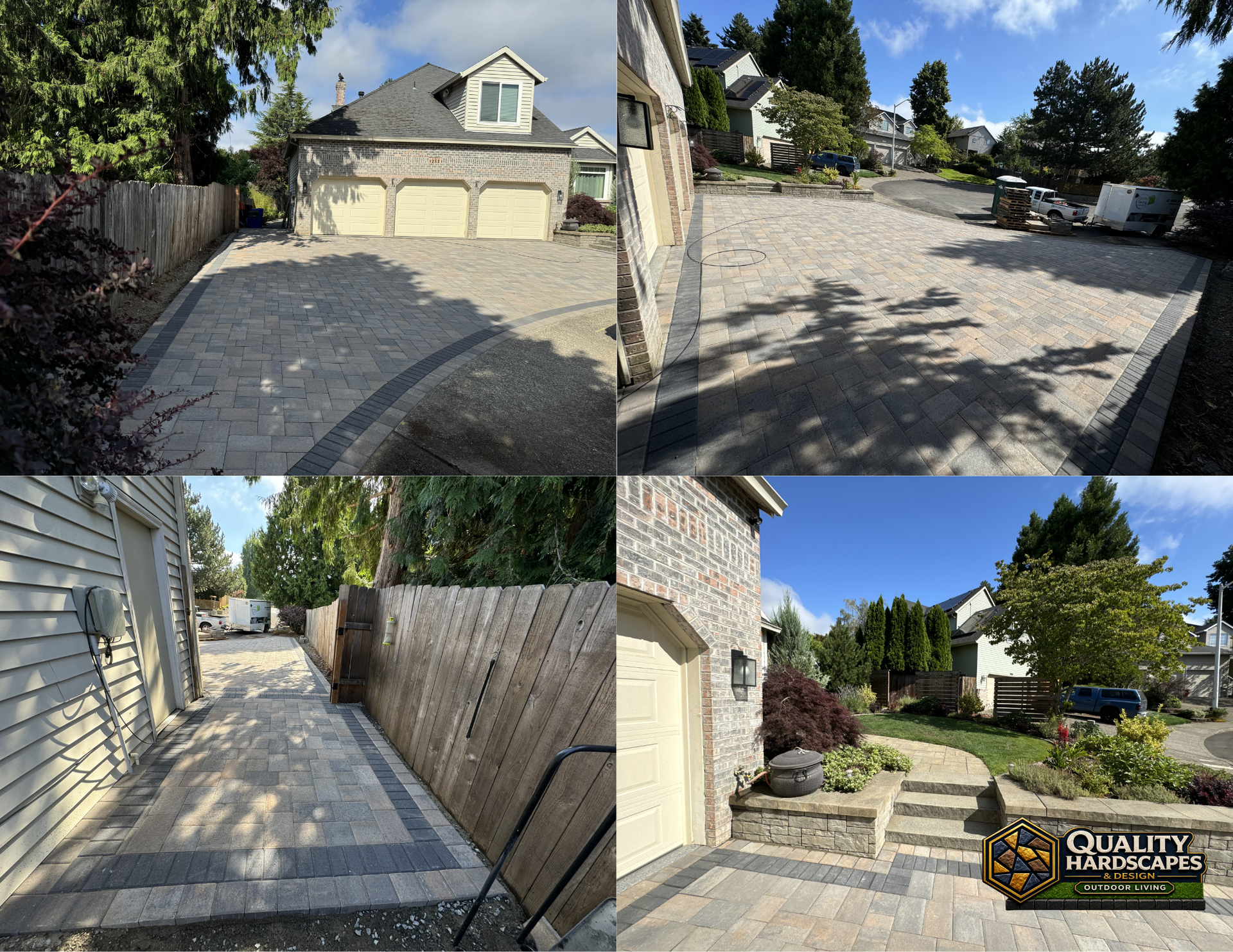 Collage of a driveway, side walkway, and landscaped front yard with stone steps and garage.