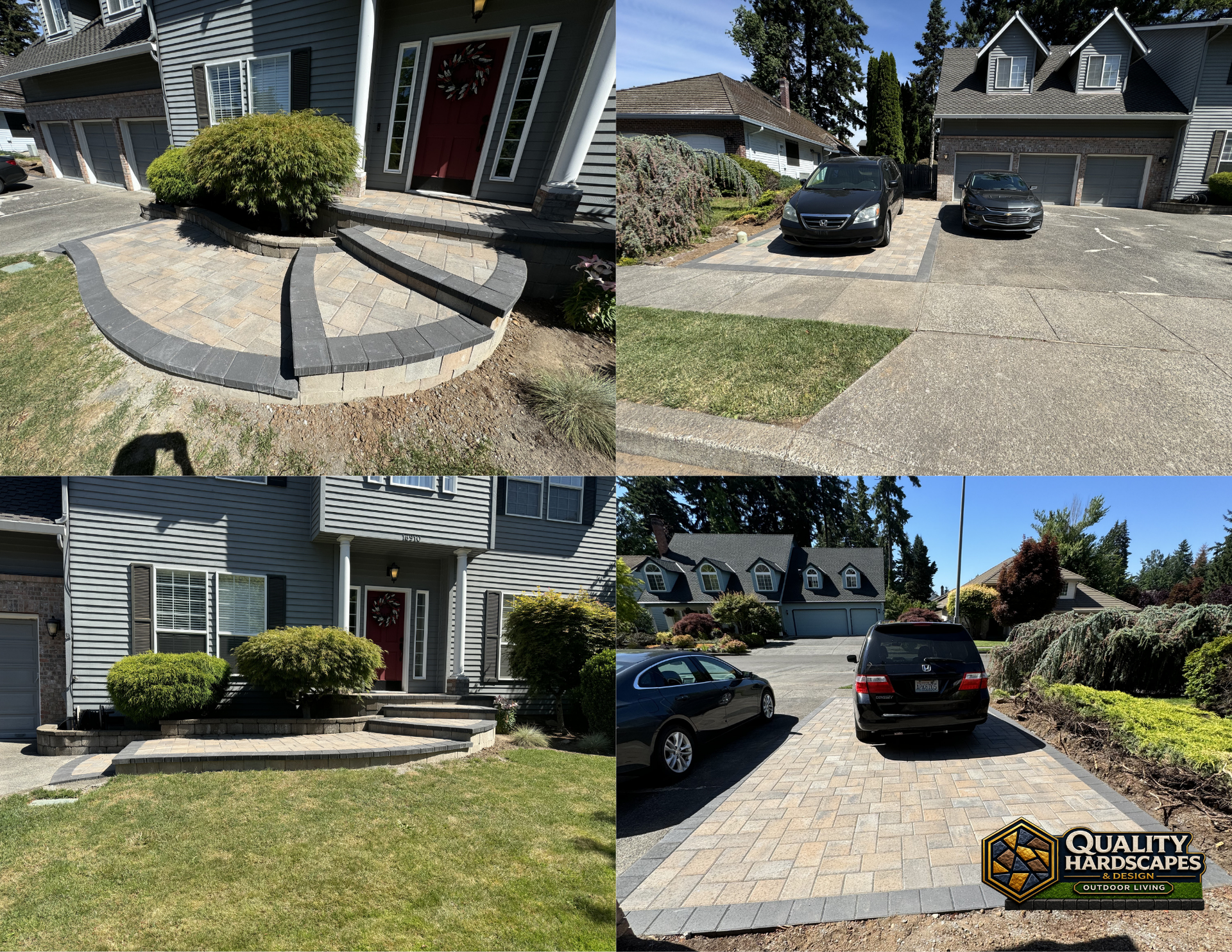 Composite of a house driveway and front yard with two parked cars, lawn, shrubs, and stone pavers under bright sun