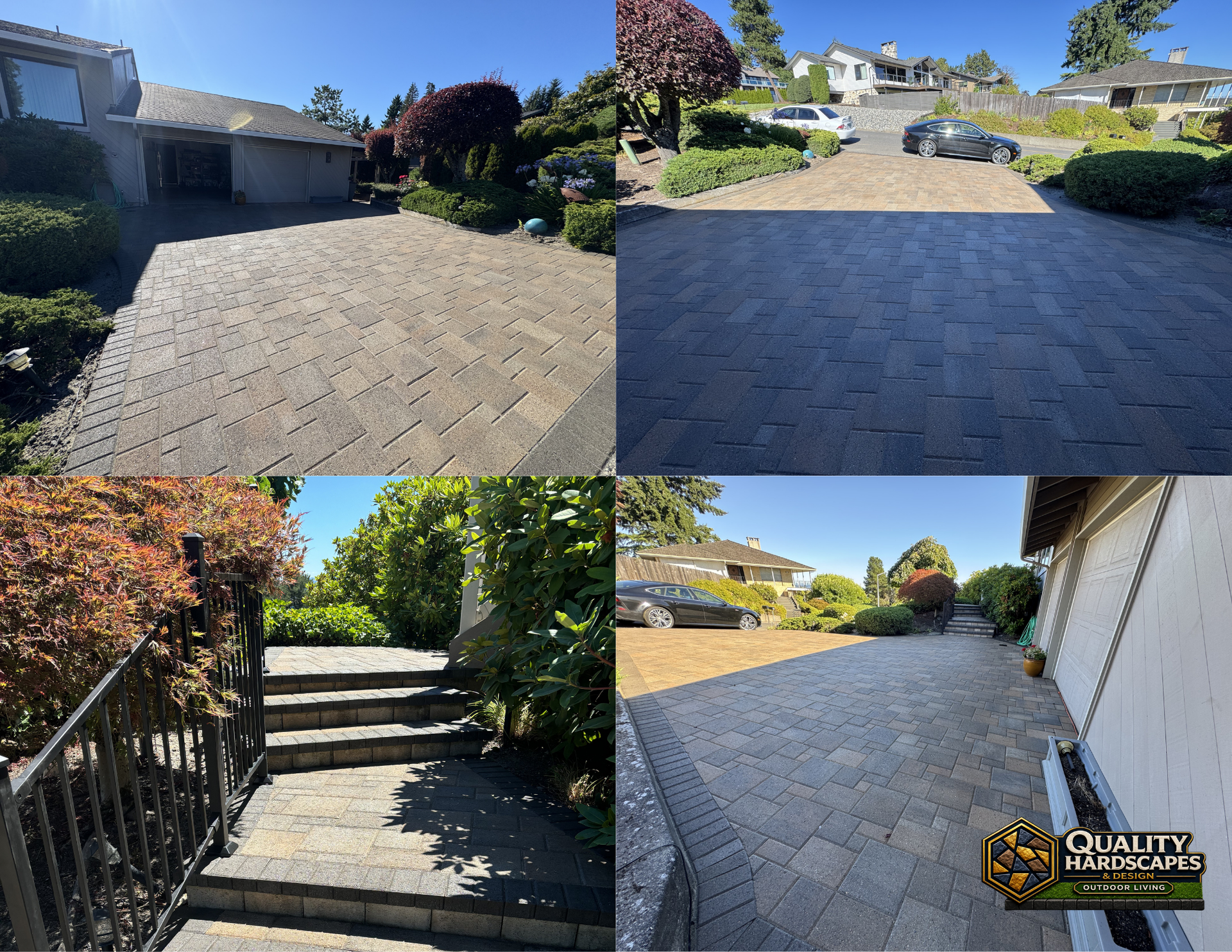 Paver driveway and front walkway with stone steps and landscaping in a sunny suburban home.