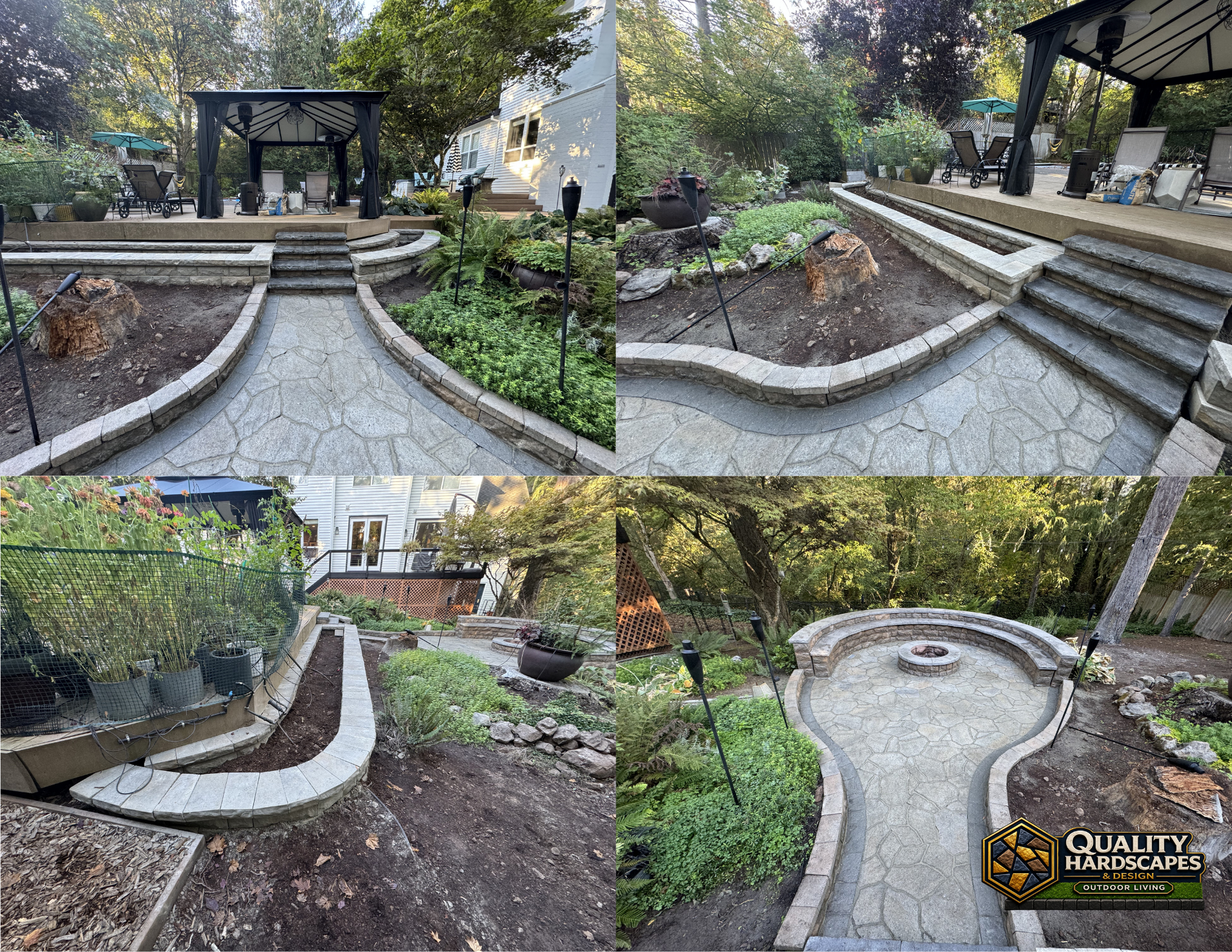 Terraced garden patios with curved concrete paths, steps, railings, and landscaped beds in a backyard setting