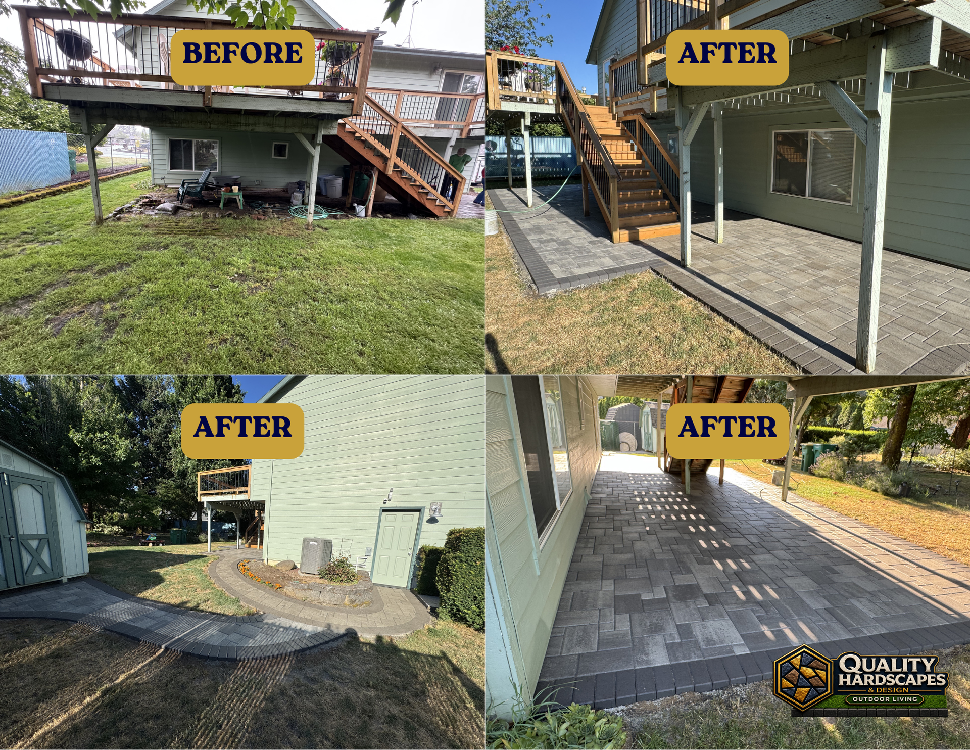 Before-and-after view of a house deck, stairs, and paved walkway renovation