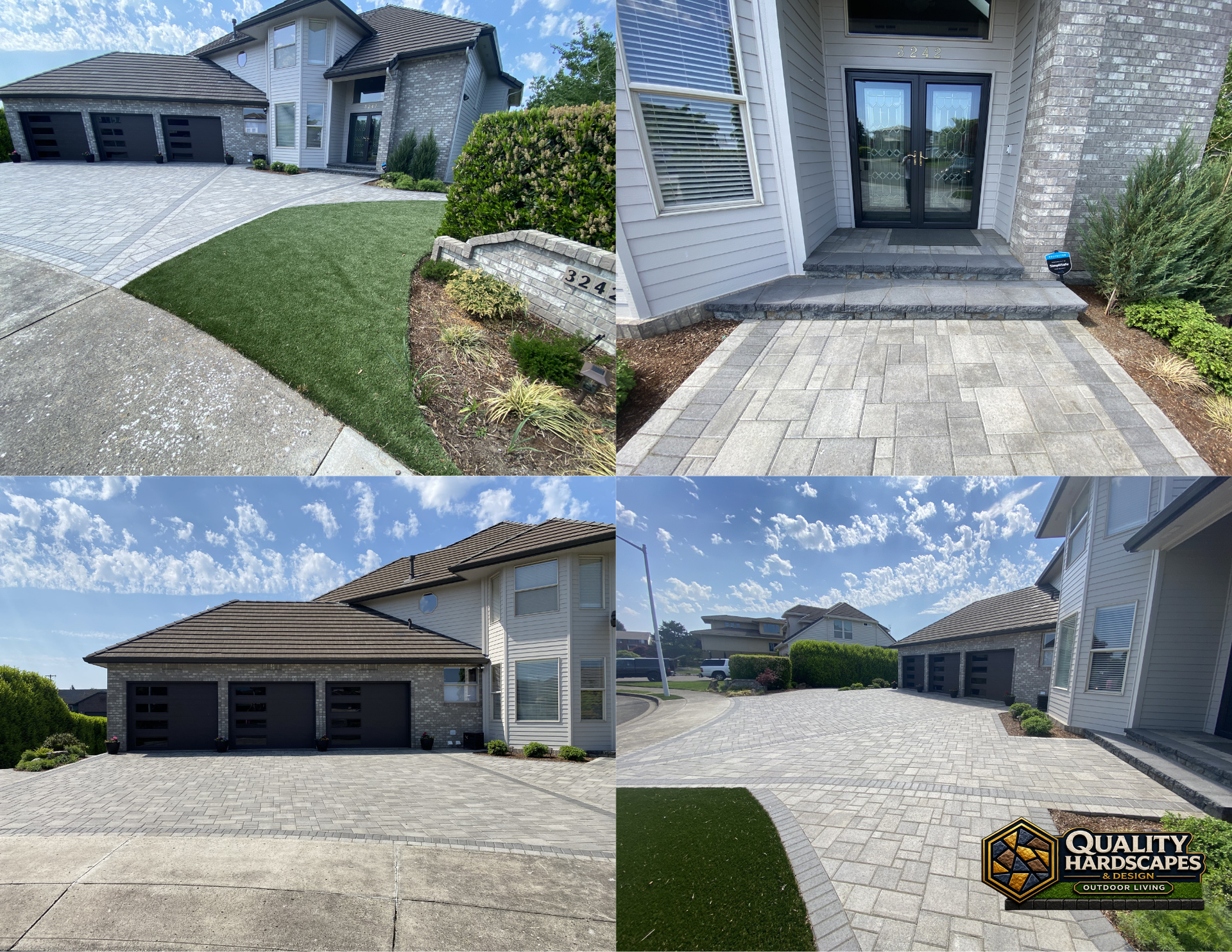 Stone paver walkway beside a modern white home, with driveway and garage view under a bright blue sky.