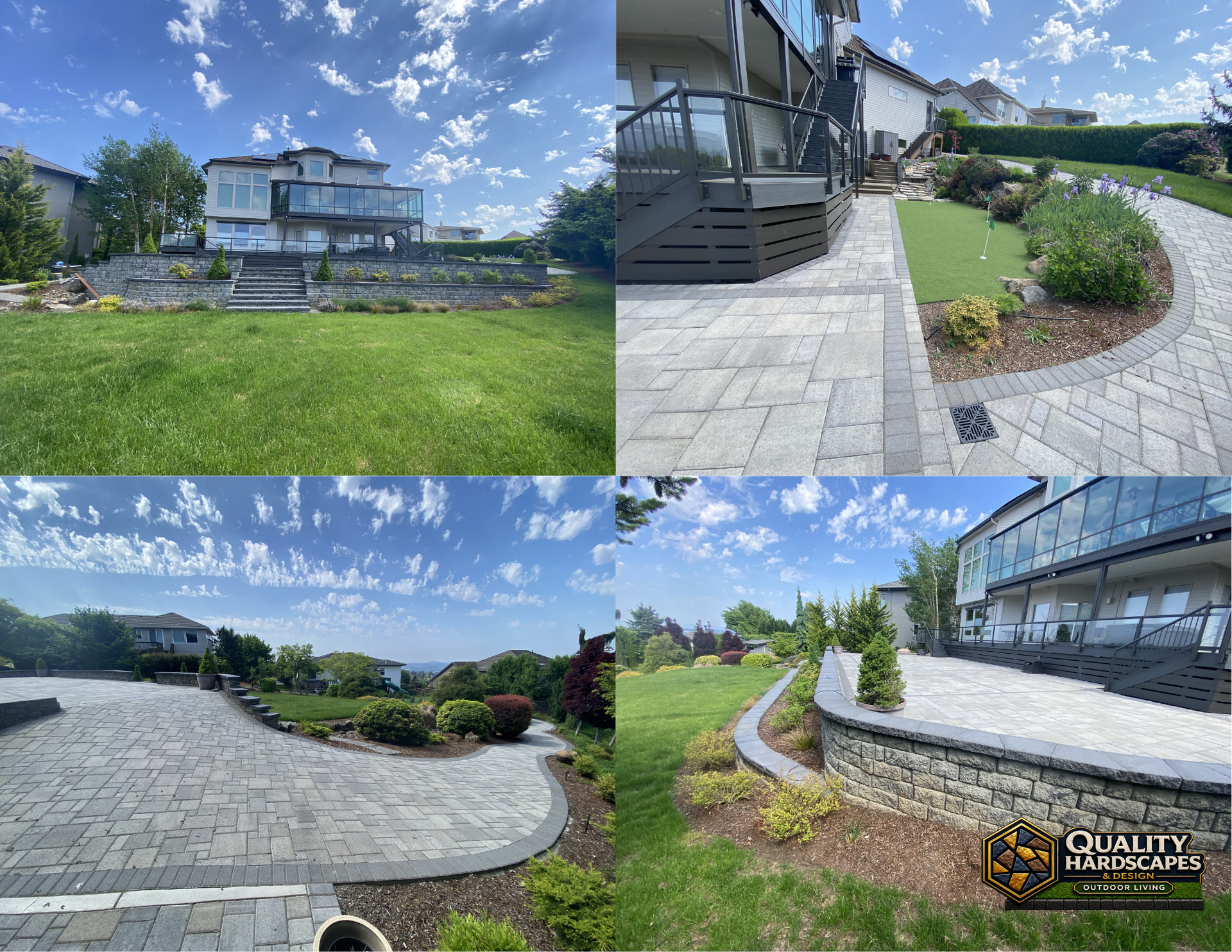 Landscaped patio and stone walkway beside a house, with green lawn, shrubs, and blue sky.