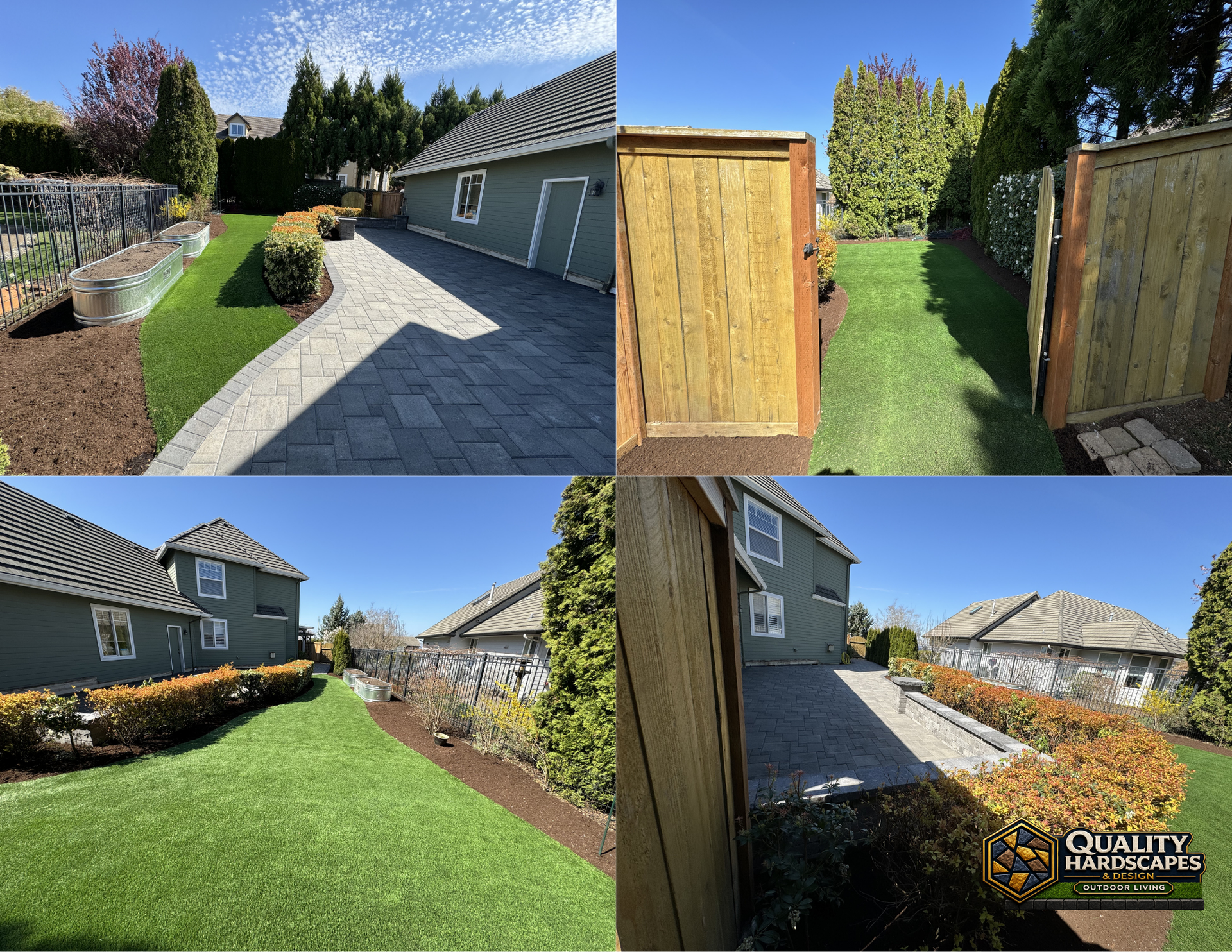 Four-panel view of a landscaped backyard with a gray house, stone patio, green lawn, and wooden gate/posts