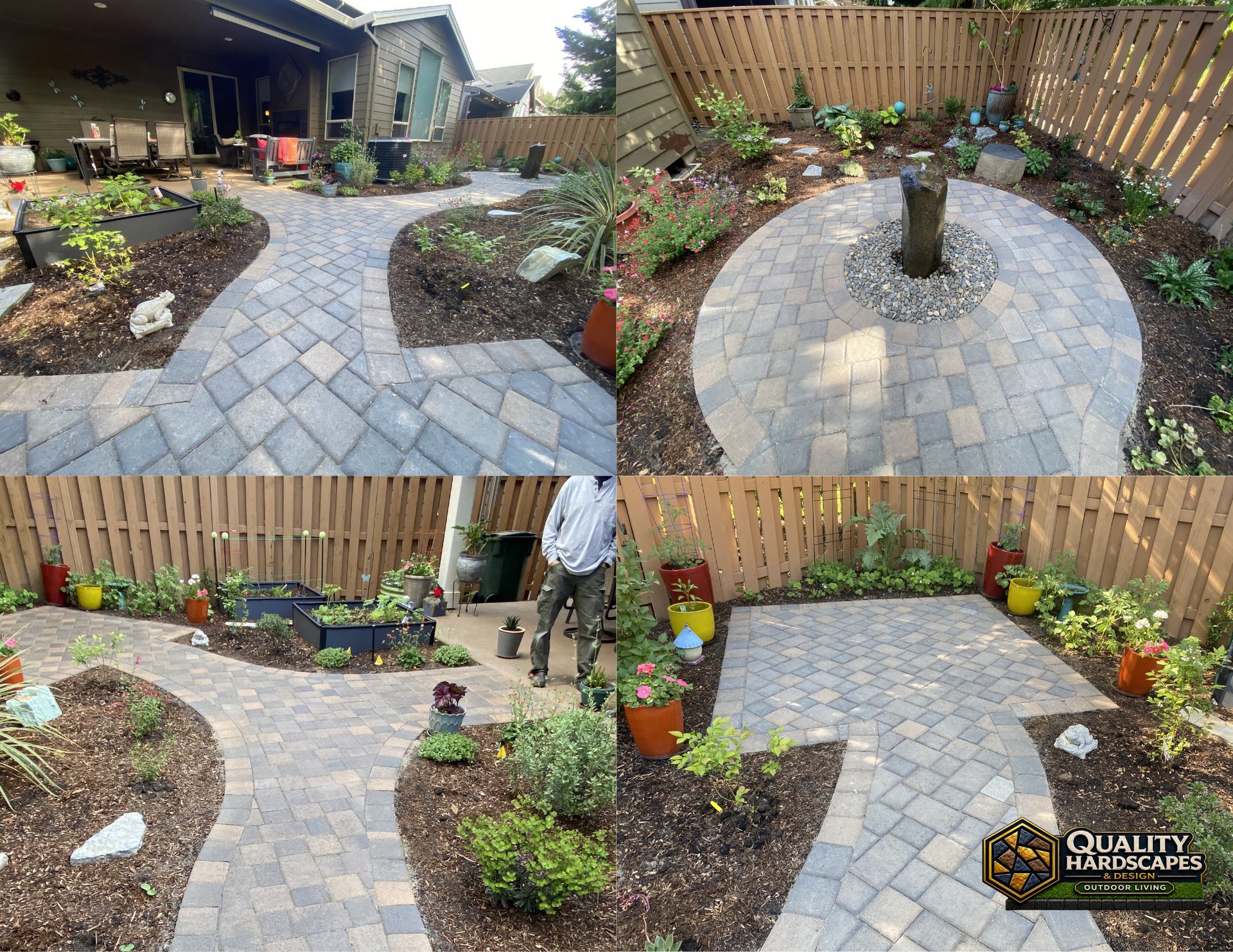 Stone-paver courtyard garden with flower beds, a pergola, and a person tending plants.
