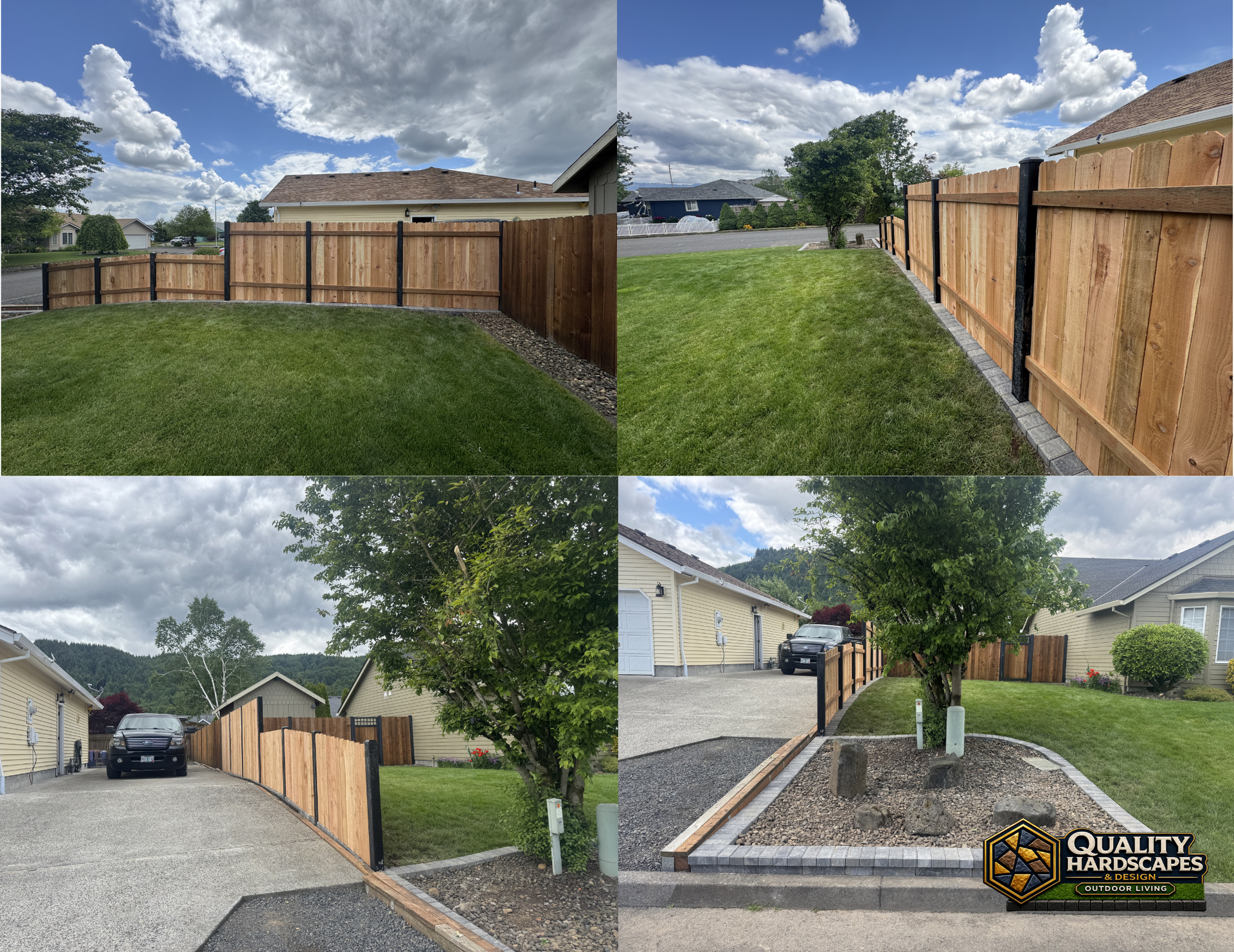 Wooden privacy fence and lawn along a residential driveway, shown from multiple angles.