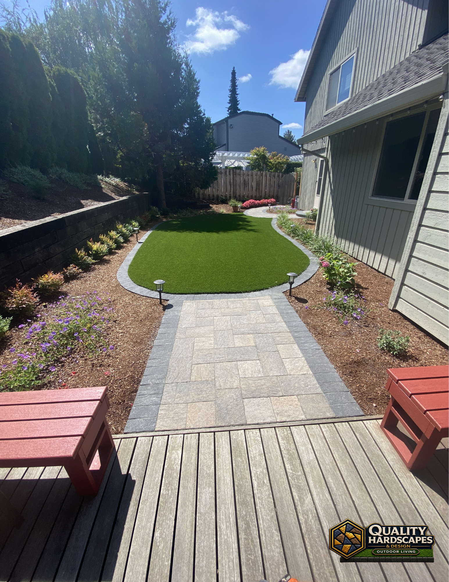 Backyard patio with stone path leading to a green lawn and flower beds under a sunny sky