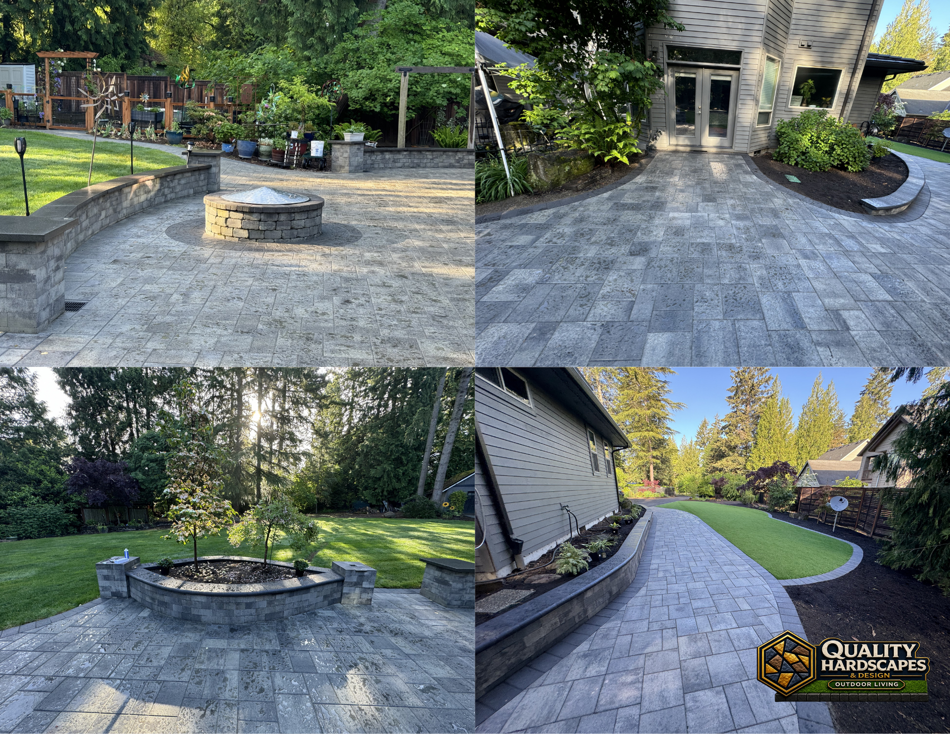 Stone-paved backyard patio with curved retaining walls, steps, and landscaped garden beds by a house.