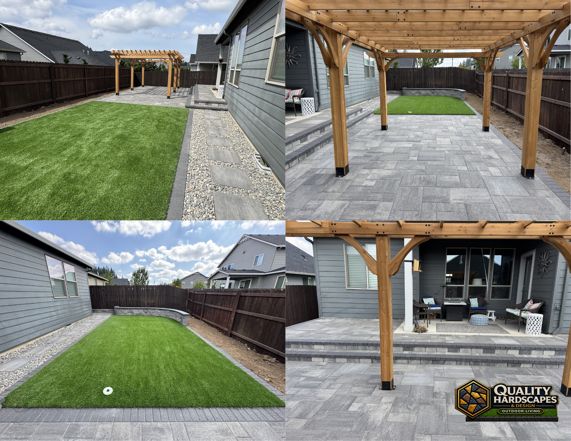 Backyard with green lawn, stone patio, and wooden pergola beside a gray house and fenced yard.