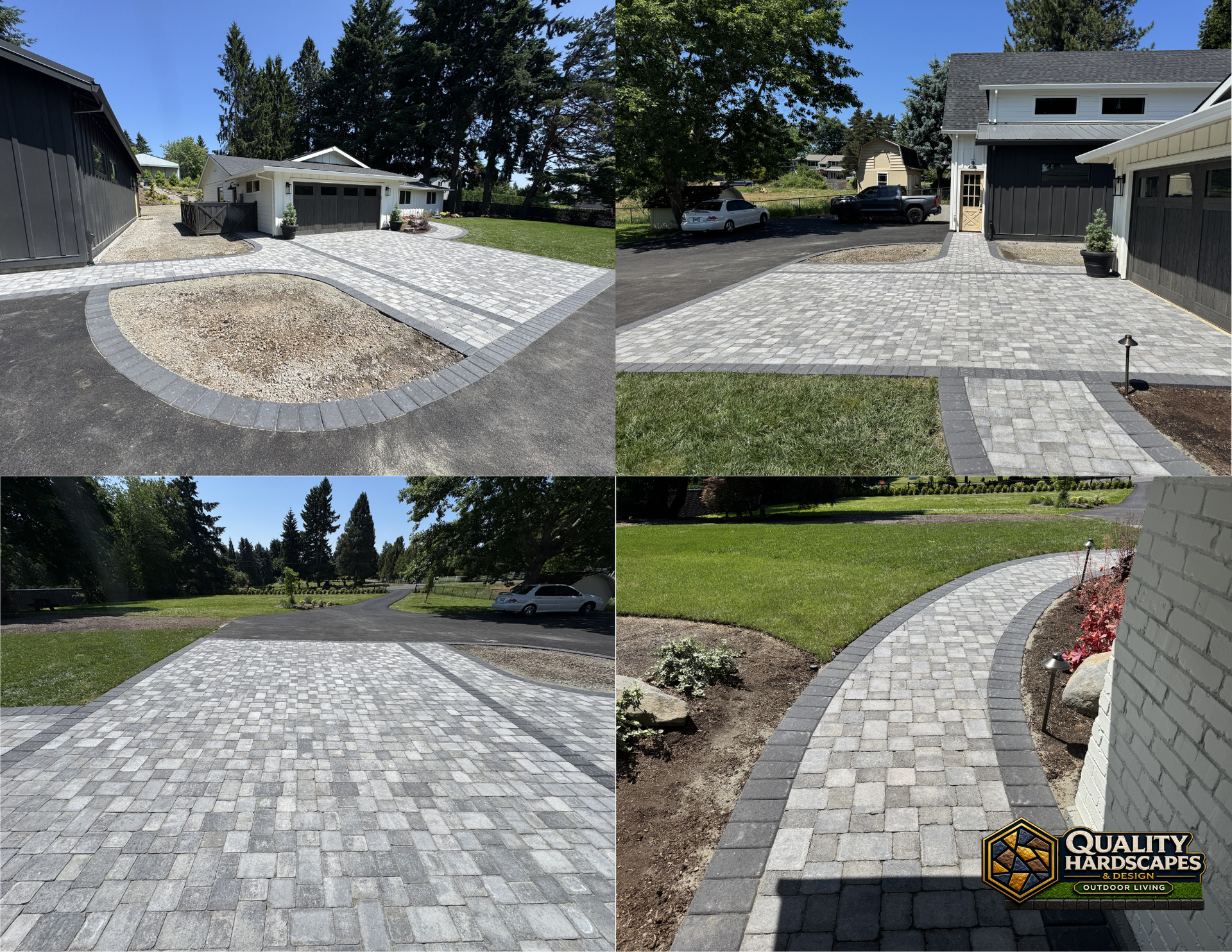 New stone paver driveway and walkway around a house, shown in four landscape views.