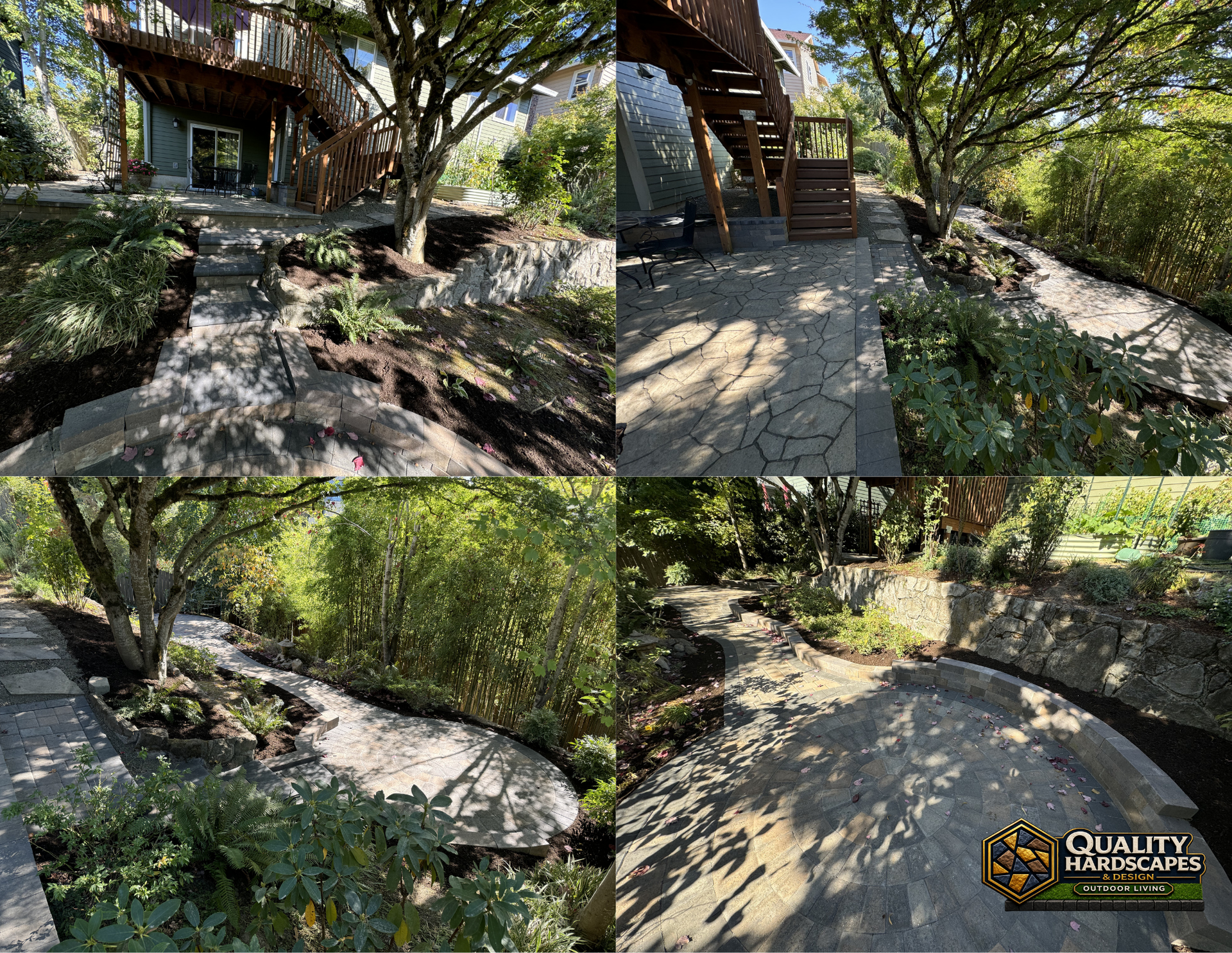 Two views of a rocky garden path by a house with trees, plants, and stairs.
