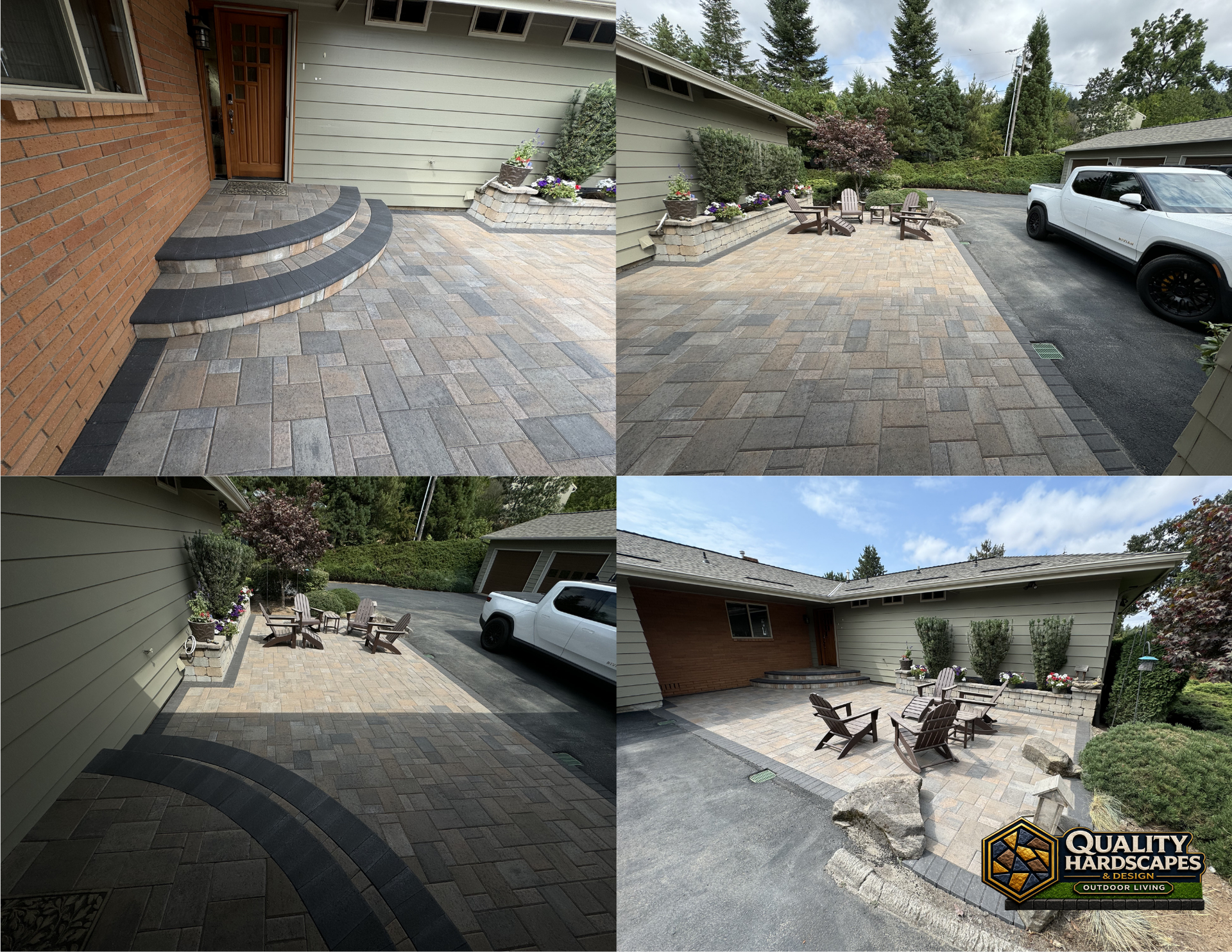 Curved paver driveway and patio beside a house, with outdoor seating and a parked white vehicle.