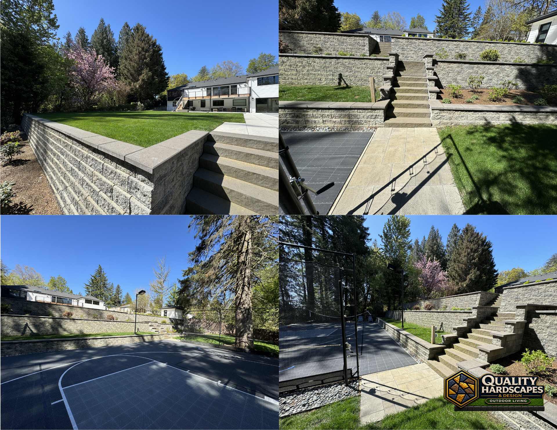 Landscaped backyard with stone retaining walls, stairs, and a paved patio under trees