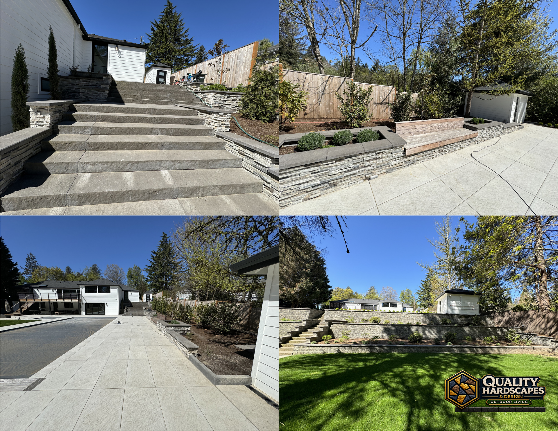 Three exterior views of a landscaped home with steps, driveway, lawn, and trees under a clear sky