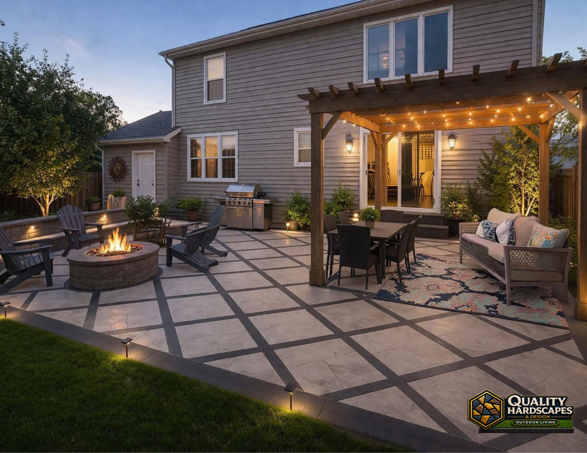 Backyard patio with fire pit, pergola seating, string lights, and a two-story house at dusk