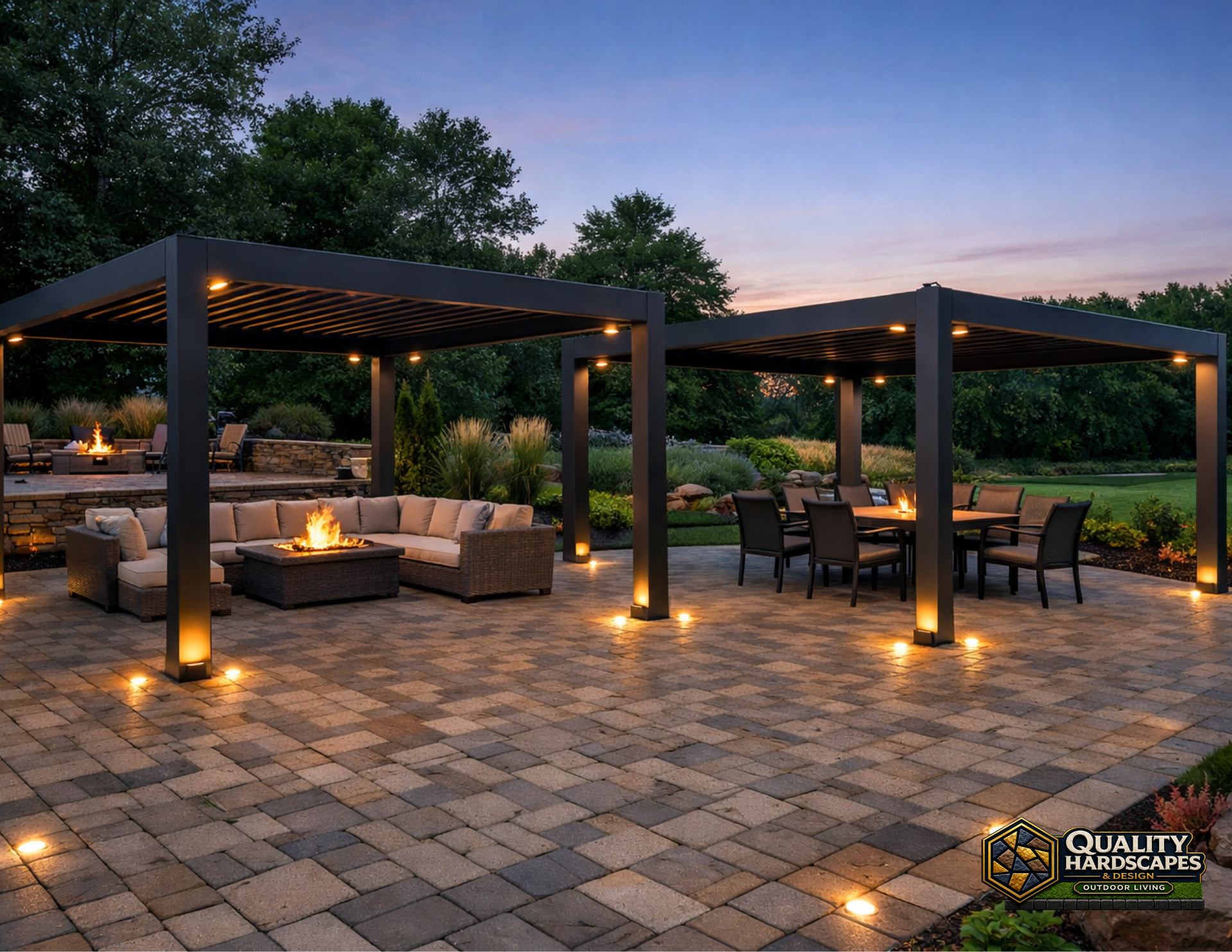 Modern patio with pergola, stone pavers, fire pit seating, and outdoor dining at dusk