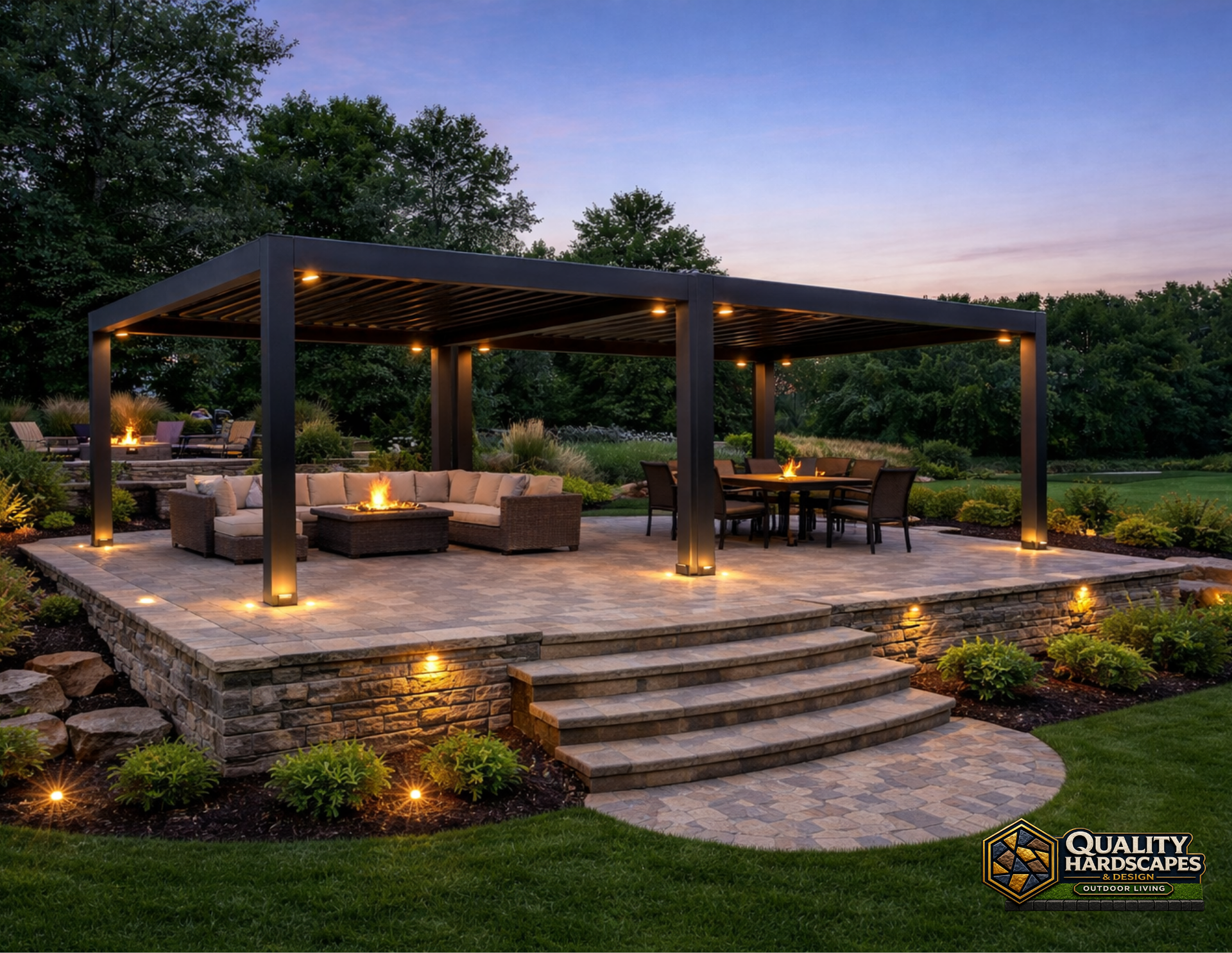 Modern backyard patio with lit pergola, seating, fire pit, and stone steps at dusk