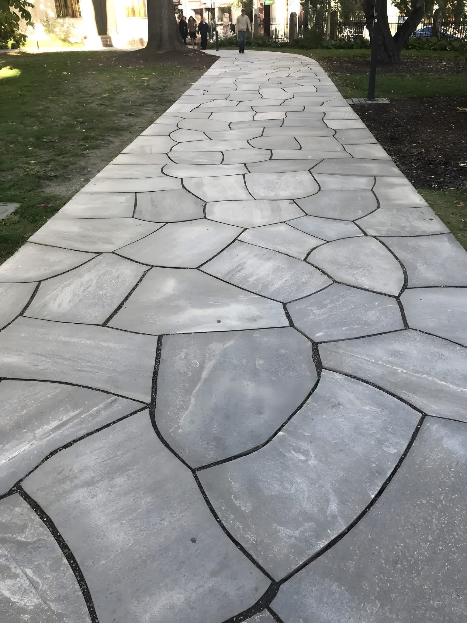 Stone walkway with dark grout winding through a grassy area.