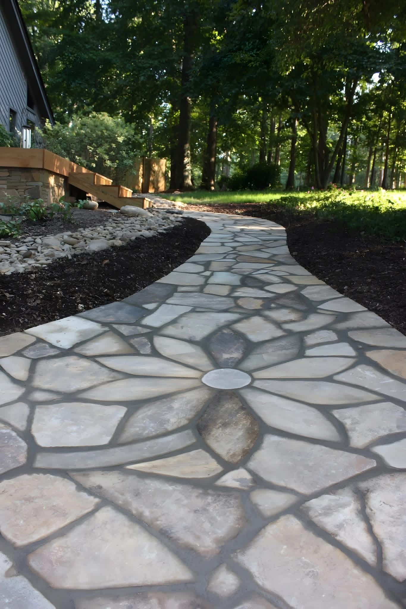 Stone pathway leading toward a house and forest. The pathway features a floral design.