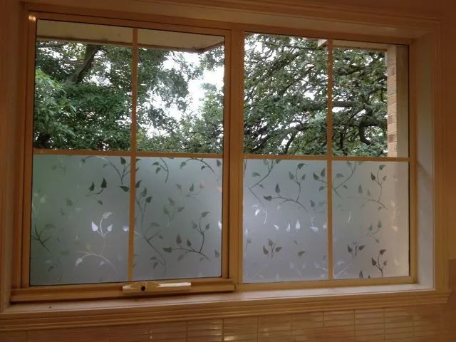 Two-pane window with frosted leaf design. Outside view of trees. Window frame is light brown.